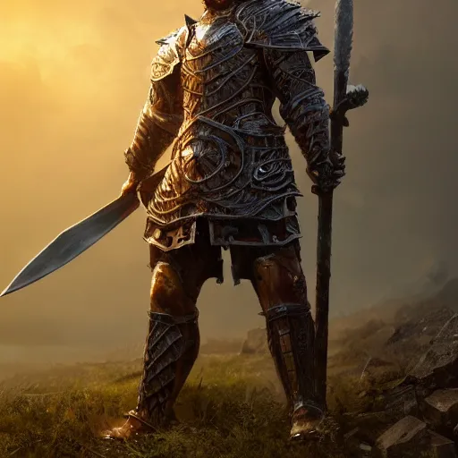 Image similar to photo full-body-shot of ONE brutal Warrior, wearing intricate steel armor, sharp focus, holding magical fiery battle-axe, magical aura, heroic pose, fantasy style, octane render, volumetric lighting, 8k high definition, by greg rutkowski, highly detailed, trending on ArtStation, magical Battlefield background, centered