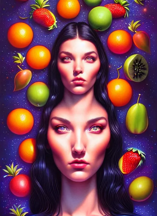 Image similar to cosmic random fruit portrait, pixar style, by tristan eaton stanley artgerm and tom bagshaw.