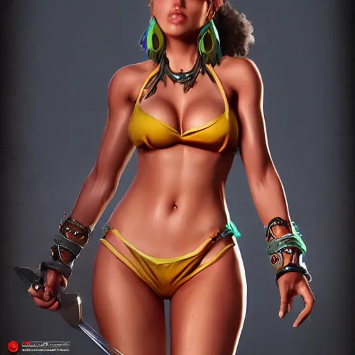 Prompt: very beautiful female latin warrior in a bikini, happy appearance, ioyful vibe and lighting, cgsociety, artstation, in the style of artgerm