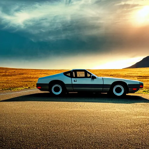 Image similar to 8 0 s sports car heading west, golden hour, larich style