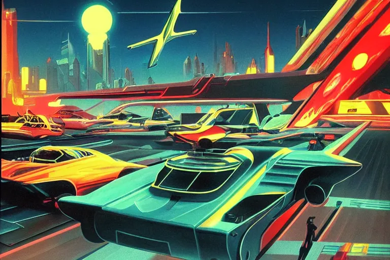 Prompt: retro futuristic metropolis, futuristic flying cars, neon lit, made by vincent di fate