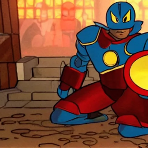 Image similar to “A still of Shovel Knight in the film Avengers, high definition”