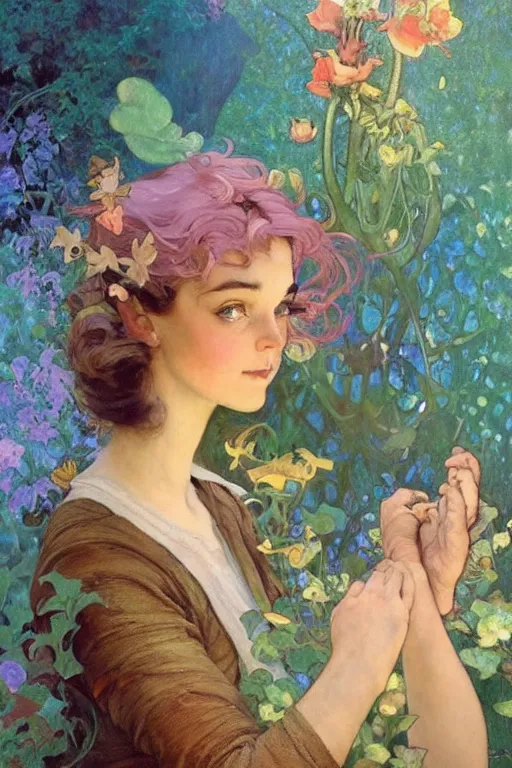 Image similar to :🧚🏽‍♀️🍄🐉:3, by Margaret Keane, greg rutkowski, thomas kindkade, alphonse mucha, loish, norman Rockwell,