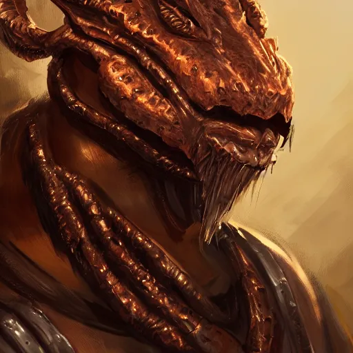 Image similar to portrait concept art of a wounded, copper, scaly dragonborn barbarian with a lot of battlescarsand a missing eye, character design, concept art, render, trending on artstation