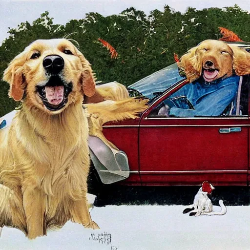 Prompt: a golden retriever trying to sell a used car, painting by Norman Rockwell