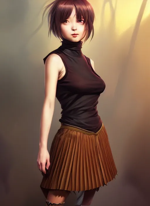 Image similar to portrait of a full body of beautiful young female detective, d & d, sleeveless turtleneck, pleated skirt, fantasy, flat lighting, intricate, highly detailed, digital painting, artstation, concept art, smooth, sharp focus, illustration, misa amane, art by simon bisley and greg rutkowski and alphonse mucha, natural tpose