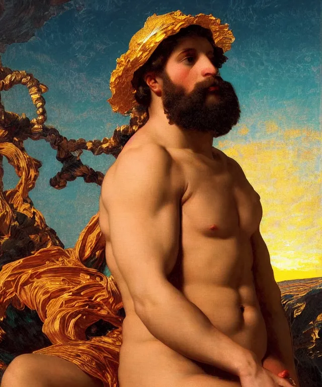 Prompt: a beautifully high detail, intricate, clear detailed portrait of a close up of zeus with an construction hat golden in teal curtain at beautiful sunset daytime nature sunlit nebula background painting by frederic leighton and rosetti, 8 k