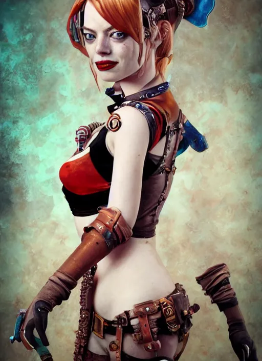 Image similar to underwater steampunk portrait of emma stone as harley quinn, hyper detailed, digital art, trending in artstation, cinematic lighting, studio quality, smooth render, unreal engine 5 rendered, octane rendered, art style by klimt and nixeu and ian sprigger and wlop and krenz cushart.