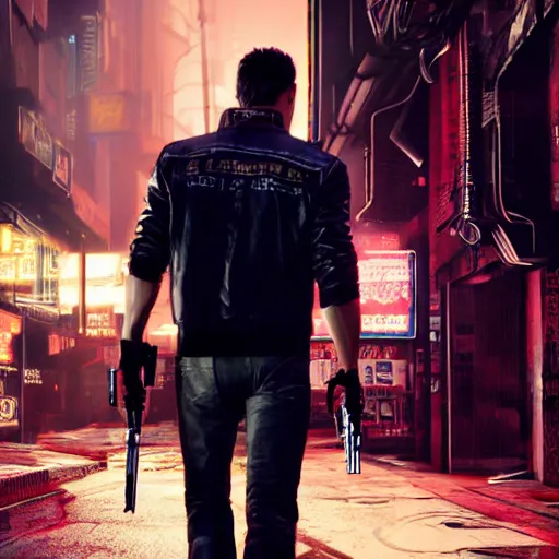 Image similar to a detailed full bodied 3 d render of an extremely handsome jensen ackles as the terminator walking down a dark alley in cyberpunk 2 0 7 7, holding futuristic crossbow, volumetric lighting, octane render, 8 k, art by hayao miyazaki and hideo kojima