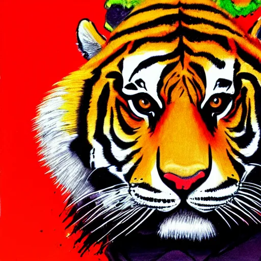 Image similar to painting of a tiger, hotline miami style