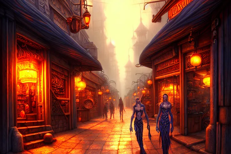 Image similar to a highly detailed bazaar street in the planescape city of sigil, amazing planescape digital painting, by gerald brom, brom digital art, intricate details, ultra realistic, beautiful art, volumetric lighting, warm colors advance cool colors recede, by brom, trending cgsociety, artstation, rim lighting, 8 k