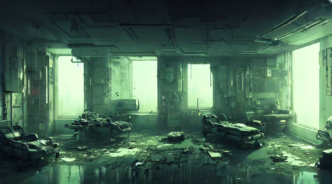 Prompt: post apocalyptic room interior, hospital interior, human silhouette, furniture, interior decoration, by pascal blanche, neil blevins, trending on artstation, vibrant color scheme, photorealistic, hyper detailed, hyper realistic, cyberpunk