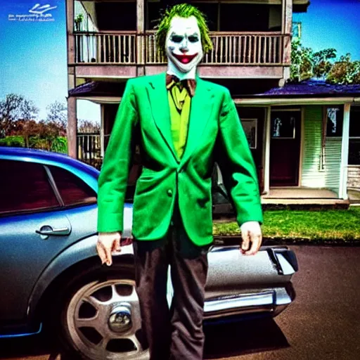 Image similar to “ photograph of the joker having just purchased his new home ”