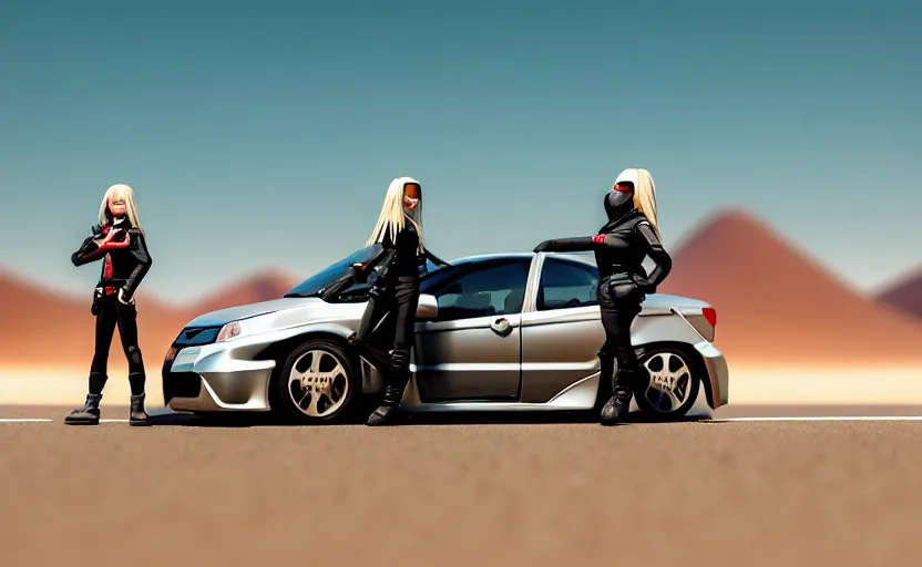 Image similar to photograph of a cell-shaded Honda EK9 Type-R with a techwear woman , on a desert road with a futuristic city in the horizon, one point perspective, 1-point perspective, tilt shift, sigma 85mm f/1.4, 4k, depth of field, high resolution, 4k, 8k, hd, full color