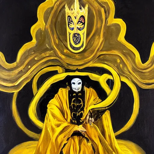 Prompt: eldritch king dressed in mask and robes sitting on a throne, gold yellow and black colour scheme, sideways shot, canvas, oil paint style