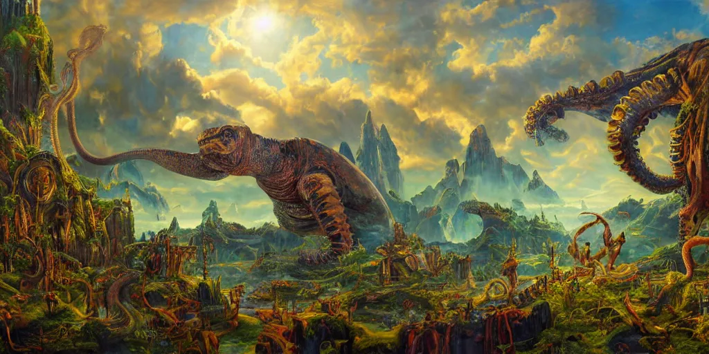 Image similar to fantasy oil painting, great leviathan, cybernetic turtle cephalopod terrapin reptilian pachyderm squid, bella hadid, hybrid, milla jovovich, anubis, epic natural light, lush plants flowers, spectacular mountains, bright clouds, luminous sky, outer worlds, golden hour, michael cheval, edward hopper, michael whelan, vray, hd