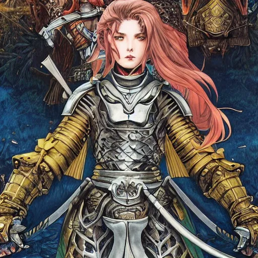 Image similar to a female knight without any battle experience who only wanted to see a dragon, symmetrical, cinematic colors, by yoichi hatakenaka, masamune shirow, josan gonzales and dan mumford, ayami kojima, takato yamamoto, barclay shaw, karol bak, yukito kishiro