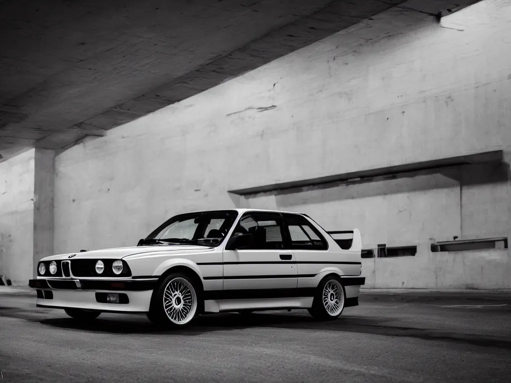 Image similar to a modified bmw e 3 0 with lights on in a futuristic neon parking garage, 3 5 mm photography, car photography, clean lines, realistic