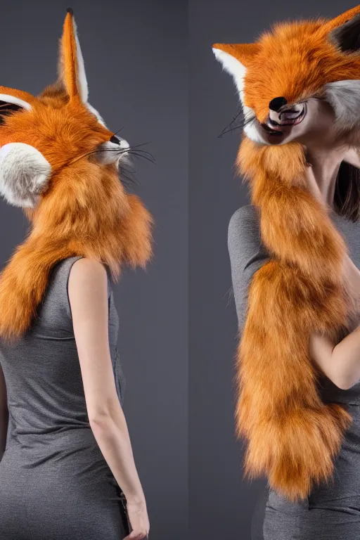 Prompt: photo of a woman in a realistic fox fursuit body, with her head exposed, in a photo studio, studio photography