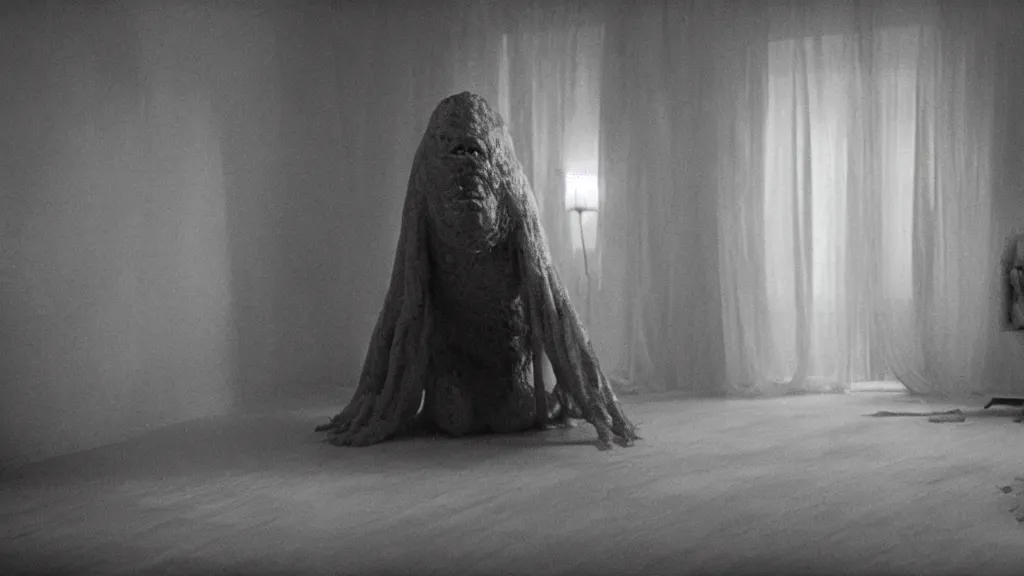 Prompt: a strange creature made of wax and water in the living room, film still from the movie directed by Denis Villeneuve with art direction by Zdzisław Beksiński, wide lens