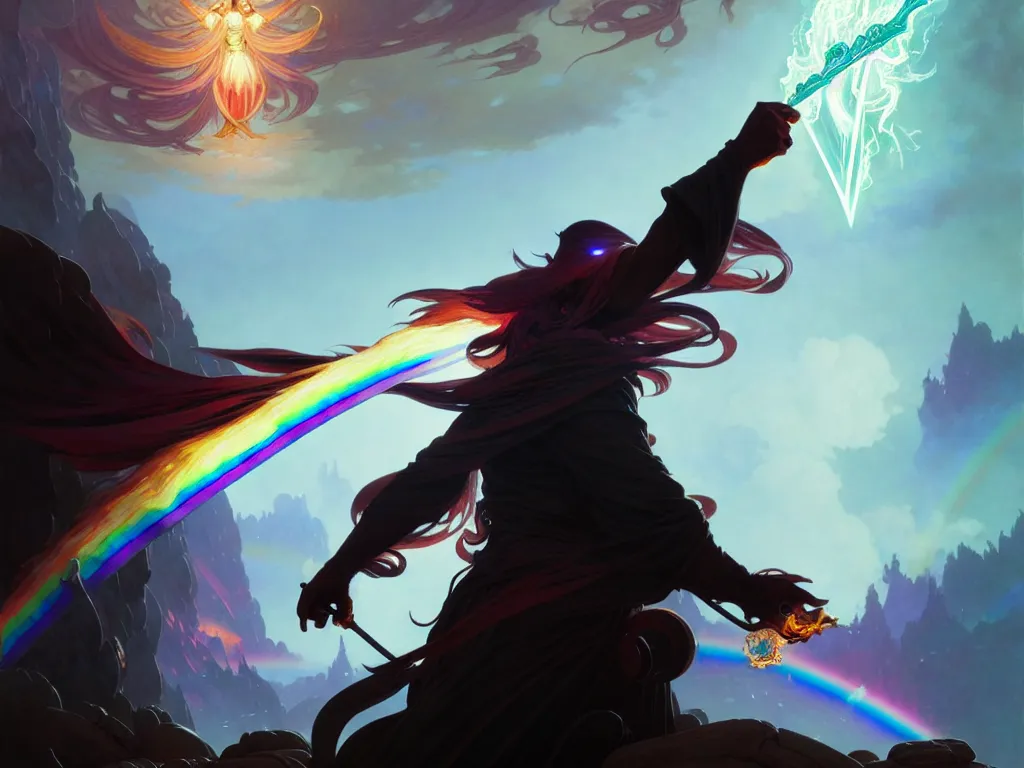 Prompt: concept art of a wizard defeating the darkness with a rainbow spell, up close, d & d, rpg, trending on artstation, highly detailed, intricate, high cohesion, award winning painting, cgi, art by greg rutkowski and alphonse mucha and anton fadeev and john howe