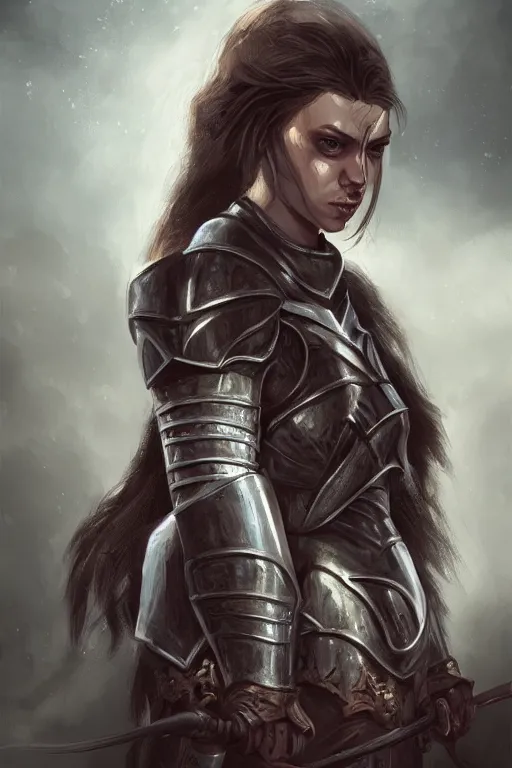 Prompt: half - length portrait of an angry female knight. wrath, revenge, emotions. fantasy, digital painting, hd, detailed.