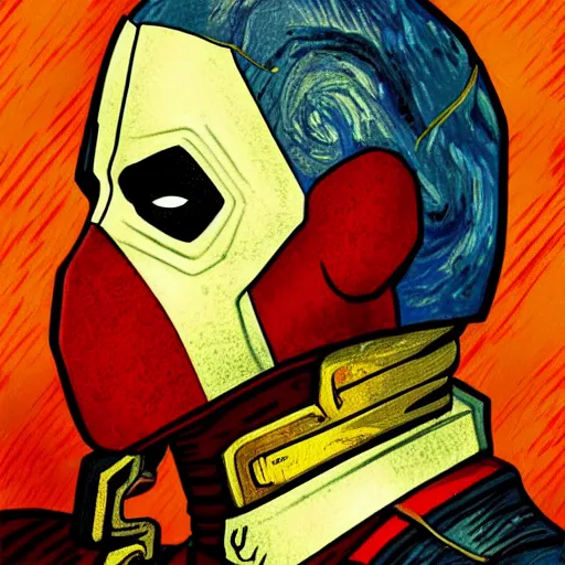 Image similar to Deadpool in the style of Vincent Van Gogh, masterpiece digital painting, 4k wallpaper, intricate detail, beautiful, gorgeous, stunning, artstation