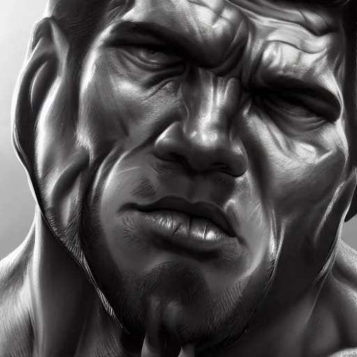 Prompt: overly muscular giant superhuman gigachad, grayscale, face closeup, epic, digital, highly - detailed, artstation cgsociety