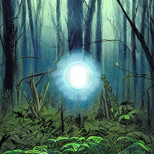 Prompt: a dirty lost person is following a floating blue softly glowing ball of light through the swampy forest, art by Alberto Rocha .