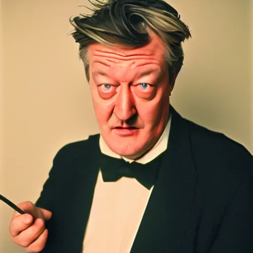 Prompt: Stephen Fry dressed up like David Lynch. CineStill