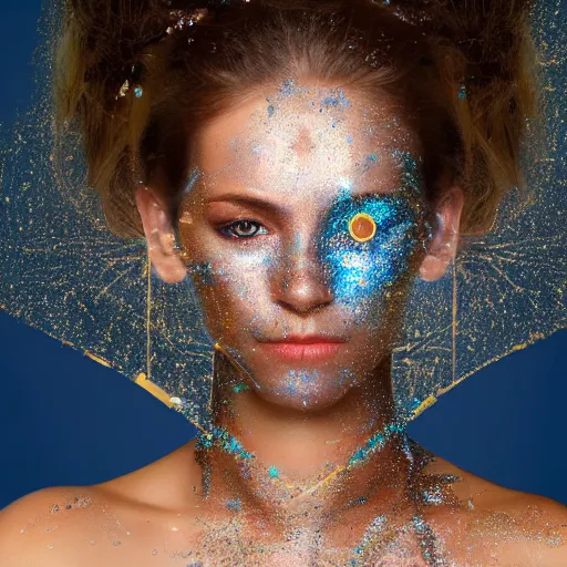 Prompt: portrait of a beautiful futuristic woman layered with high-tech jewelry wrapping around her face and head and shoulders, golden-silver light with tiny blue, gold, and red gems scattered like dust in moonlight