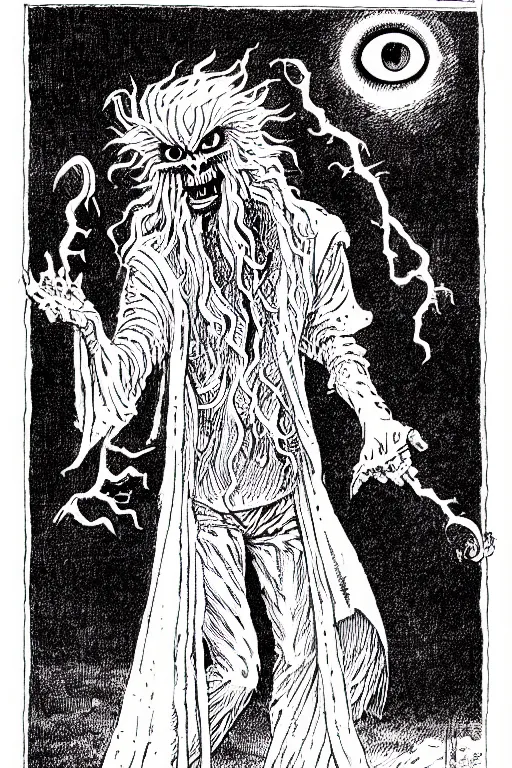 Image similar to a ghostly pair of walking white pants with two eyes as a d & d monster, full body, pen - and - ink illustration, etching, by russ nicholson, david a trampier, larry elmore, 1 9 8 1, hq scan, intricate details, inside stylized border