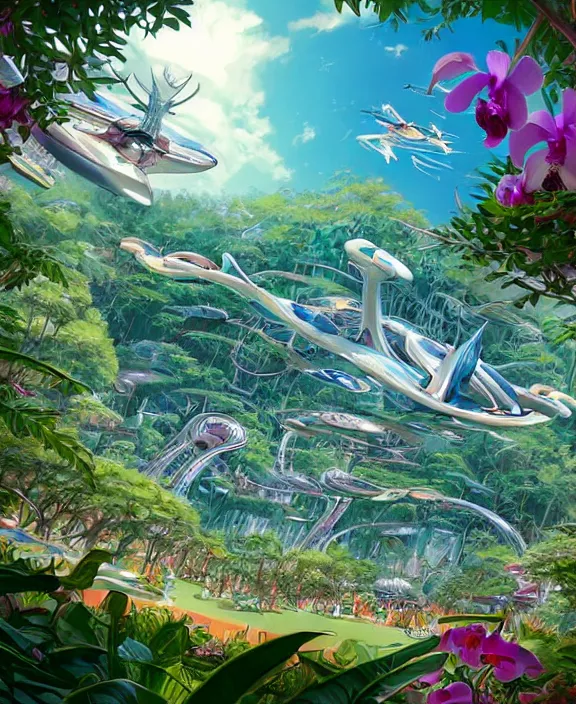 Prompt: simplicity, elegance, an amusement park made out of predatory organic creatures, in the style of a streamlined asymmetrical spaceship, overgrown with orchids, partly cloudy, sun - drenched, by dan mumford, yusuke murata, makoto shinkai, ross tran, cinematic, unreal engine, cel shaded, featured on artstation, pixiv