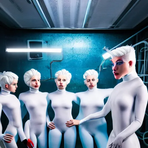 Image similar to troop of freak show women with white bob hairdos, white hair, tight light blue neopren suits, futuristic production facility, sci - fi, highly detailed, cinematic