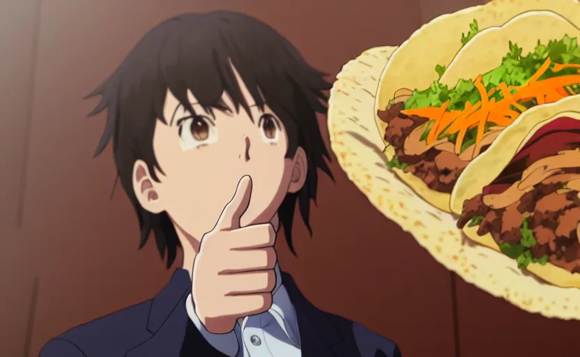 Image similar to beautiful makoto shinkai anime style digital film still portrait of donald trump giving a thumbs up behind a taco bowl, 4 k, 8 k, hd, high resolution, highly detailed, intricate detail, ultra realistic faces, digital art, trending on artstation, your name, weathering with you