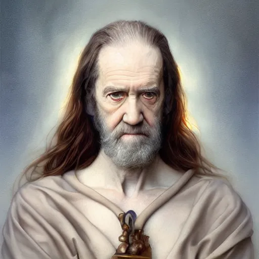 Image similar to beautiful striking Pre-Raphaelite George Carlin by Artgerm and Greg Rutkowski, pale, intricate, elegant, highly detailed, digital painting