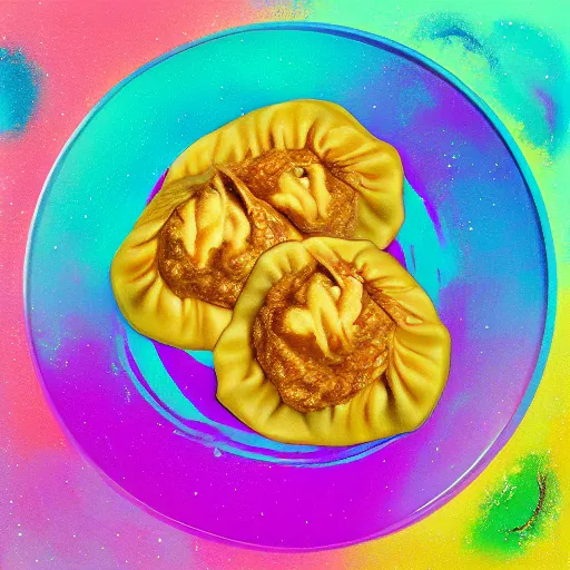 Image similar to hyperrealism food photography of pierogi multiverse universe galaxy, by Andy Warhol