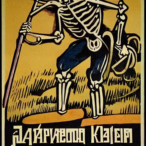 Prompt: a farmer skeleton working his field, soviet propaganda poster