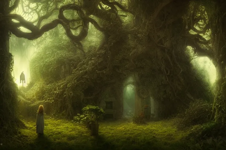 Prompt: secret garden, dwell, dark, scary, in the style of pan's labyrinth movie, low light, hyperrealistic, coherent composition, artstation, matte painting, concept art, edward hughes, caspar friedrich