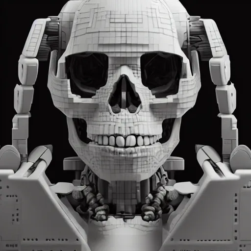 Prompt: portrait of cybernetic overlord of the metaverse, skull, hard clay, ceramics, reflections, ambient occlusion, raytracing, unreal engine 5, 8 - bit graphics, by beeple