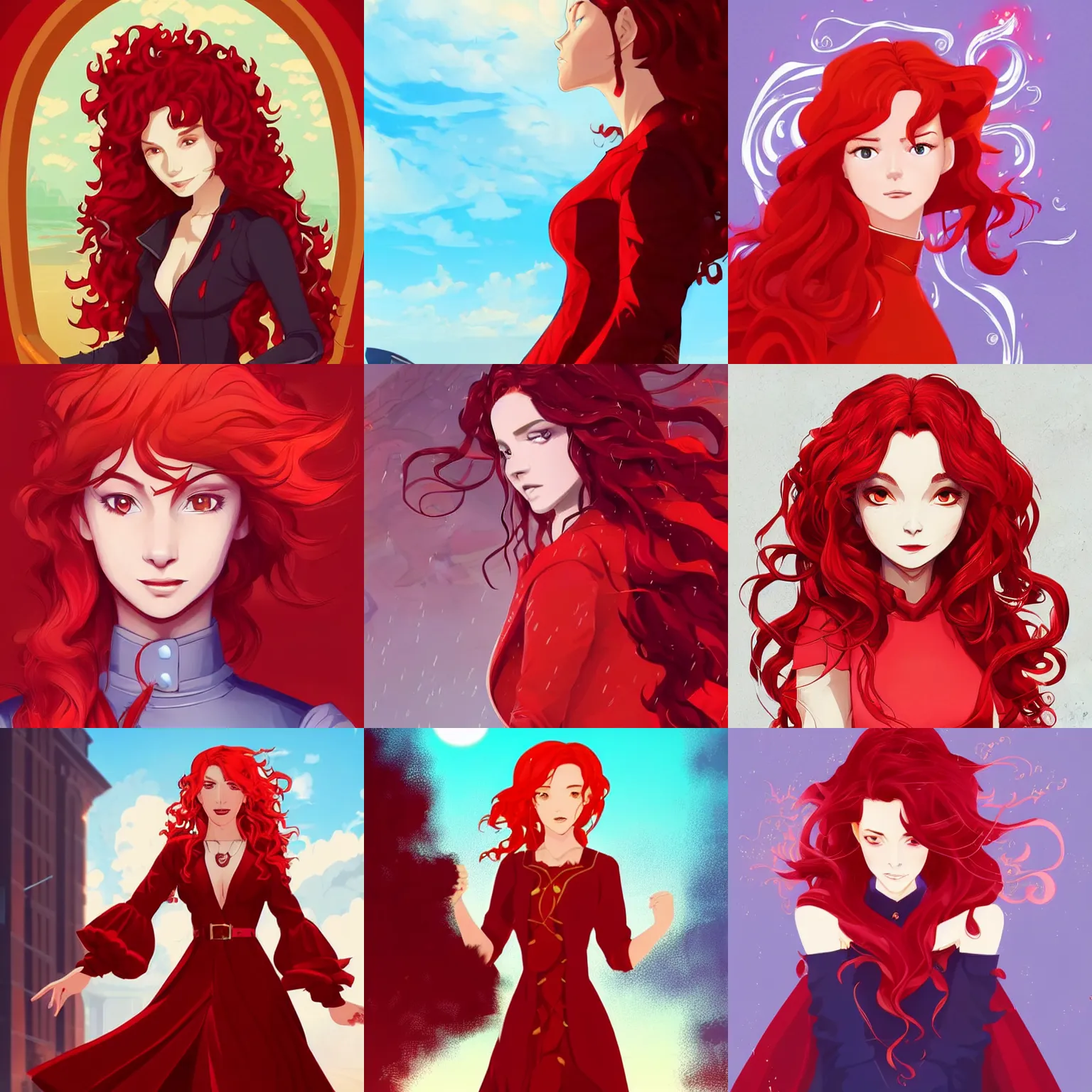 Prompt: portrait of a female draconic sorceress with curly red hair wearing a red dress and a red coat, clean cel shaded vector art. shutterstock. behance hd by lois van baarle, artgerm, helen huang, by makoto shinkai and ilya kuvshinov, rossdraws, illustration