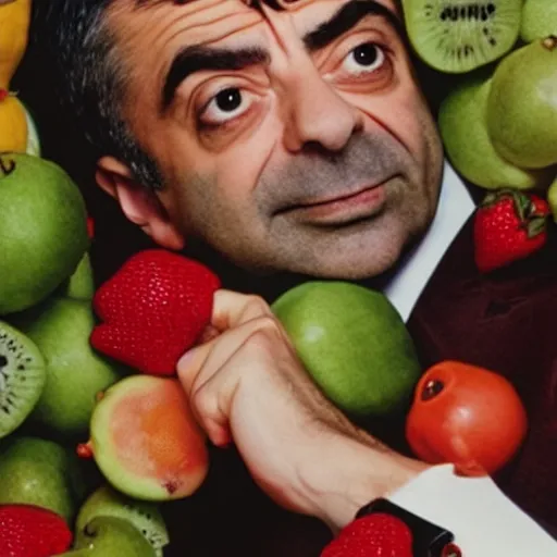 Prompt: vogue photoshoot of rowan atkinson wearing fruit