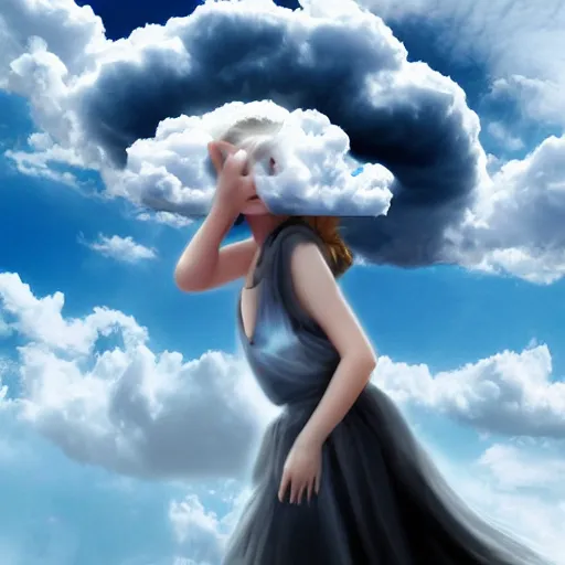 Image similar to goddess wearing a cloud fashion on the clouds, photoshop, colossal, creative, giant, digital art, photo manipulation, clouds, covered in clouds, girl clouds, on clouds, covered by clouds, a plane flying on the sky, digital painting, artstation