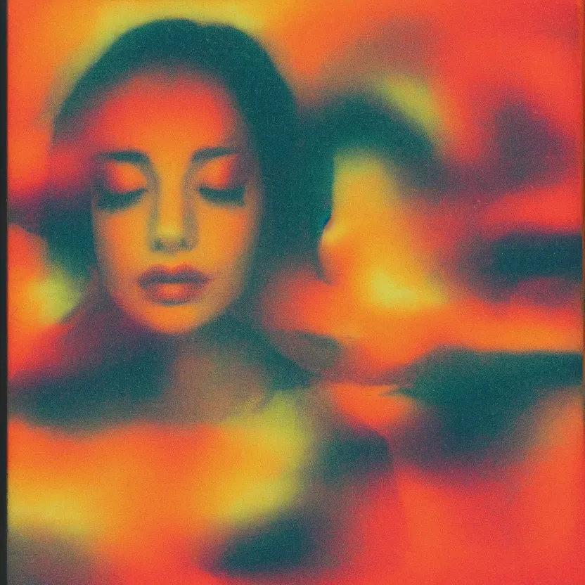 Image similar to a woman's face in the water, serene emotion, new polaroid, glitchy patterns, hazy, red, orange, yellow, soft lighting