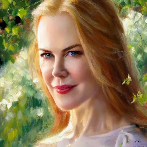 Prompt: closeup portrait of nicole kidman in the garden, evening, highly detailed, ultrarealistic oil painting, vladimir volegov, artstation