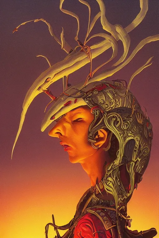 Image similar to empress of the elves, painted by vaughn bode and joe jusko and chesley bonestell and gerald brom, trending on artstation, dramatic tan lighting first - person view studio ghibli, hdr, closeup, stuckism, manga