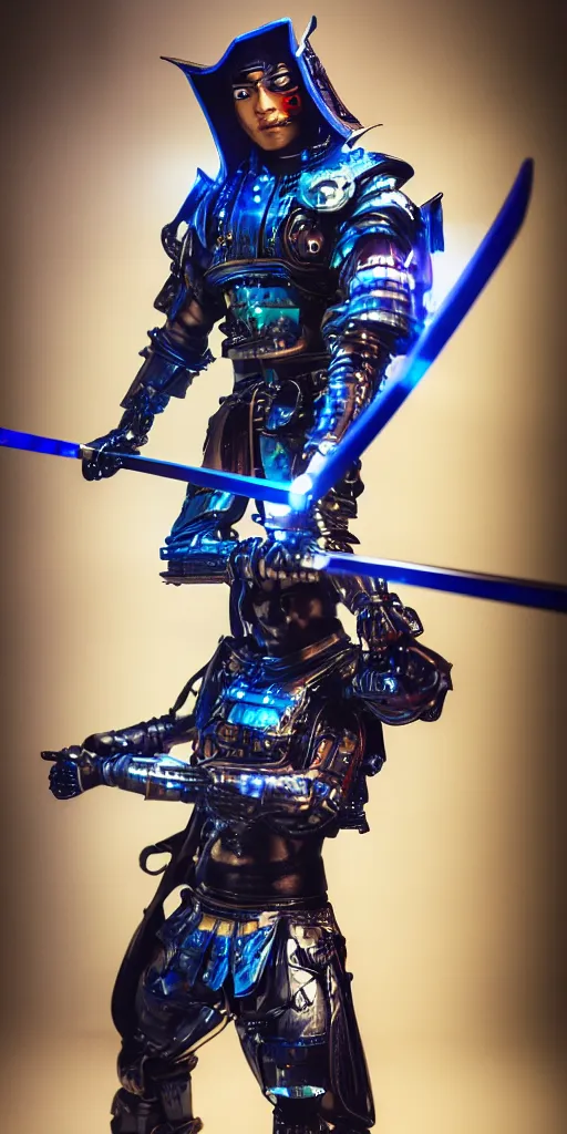 Prompt: a photo of cyborg samurai posing with a blue katana, futuristic, holographic, 8k, sharp focus, fujifilm