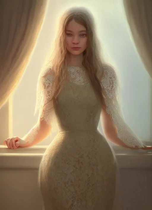 Image similar to young woman beautiful face : : sleeping lace dress : : night home bed : : weta disney pixar movie still photo : : decadent highly - detailed digital painting, full length shot, golden ratio, octane render, artstation, smooth, sharp focus, artgerm, mucha, loish, wlop, gogo