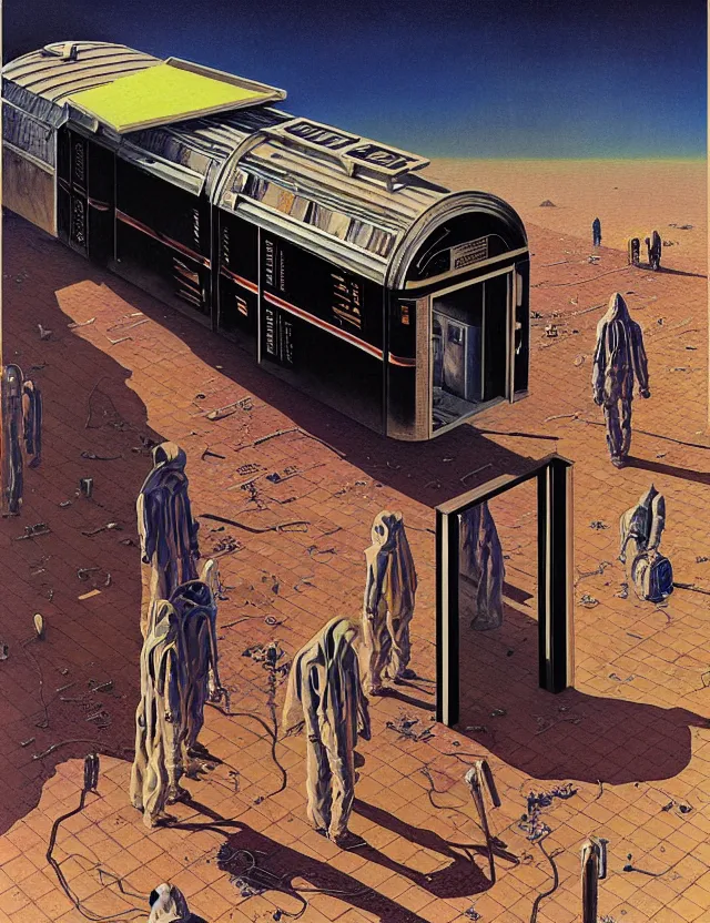 Image similar to crematorium on desert planet, elevator, side ramp entrance ambulance smoke dead bodies, guards intricate, painting by lucian freud and mark brooks, bruce pennington, dark colors, neon, death, guards, nice style culture