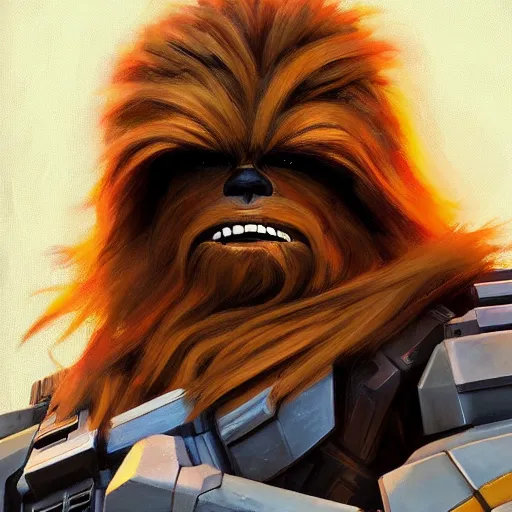 Image similar to greg manchess portrait painting of chewbacca as overwatch character, medium shot, asymmetrical, profile picture, organic painting, sunny day, matte painting, bold shapes, hard edges, street art, trending on artstation, by huang guangjian and gil elvgren and sachin teng